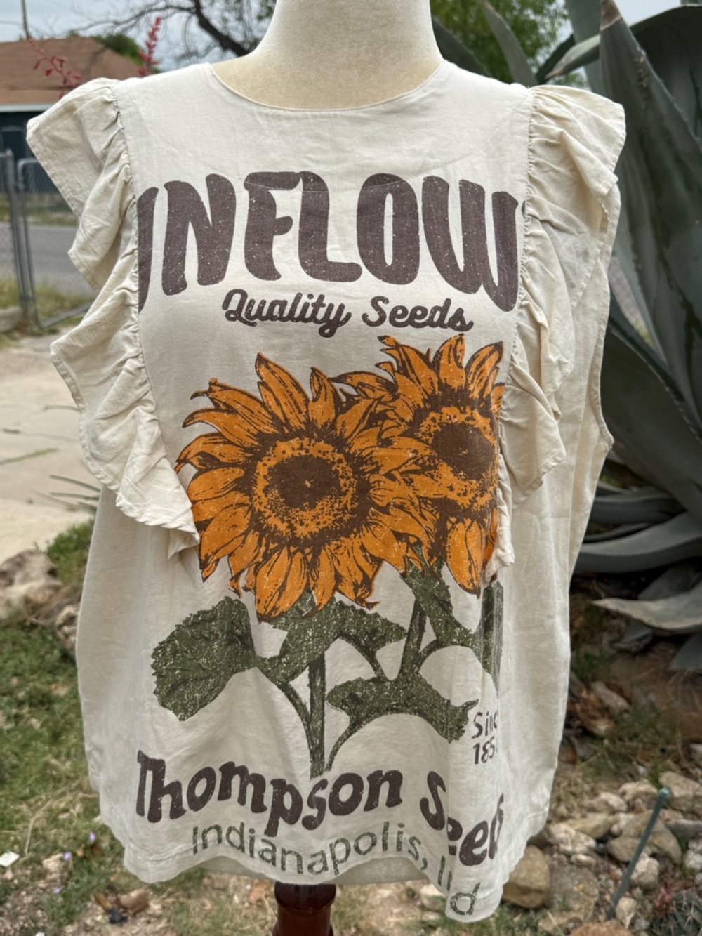 Jaded Gypsy Town Fair Sunflower Print Ruffle Sleeveless Top Boho Casual Summer